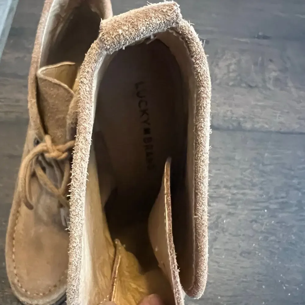Lucky Brand Booties  LP Yaney Leather Suede Ankle Wedge Size 7.5M Camel Retro